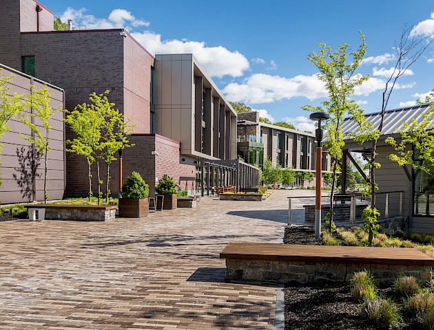 A modern campus with brick buildings, trees, benches, and a well-maintained path under a clear blue sky.