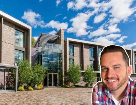 The image features a modern building with large windows and a courtyard, alongside an added picture of a man smiling in the lower right corner.